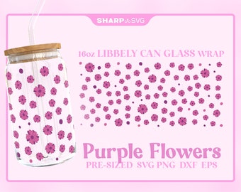 Purple Flowers SVG Can Glass Wrap SVG • 16oz Glass Beer Can Cutfile • Can Template • digital files dxf eps png • Cricut • Silhouette