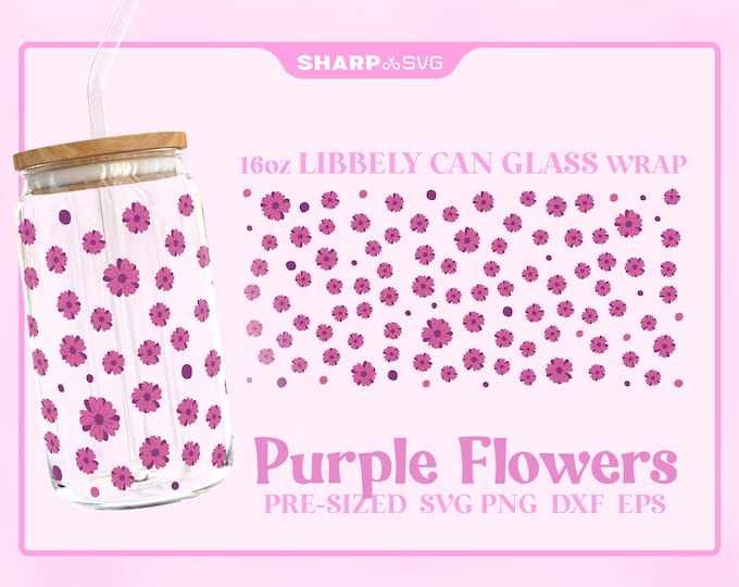 Purple Flowers SVG Can Glass Wrap SVG • 16oz Glass Beer Can Cutfile • Can Template • digital files dxf eps png • Cricut • Silhouette