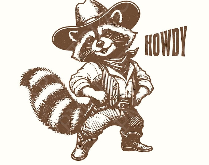 Howdy Raccoon Png, Western Saying, Country Raccoon png, Cute Shirt Design, Retro Vintage Shirt, Trending Png, Western Raccoon Design