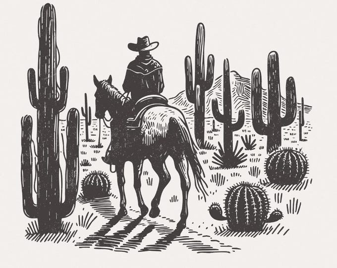 Western Cowboys PNG, Western Sublimation Design, Desert Cactus Line Art, Vintage Retro Cowboy, Country Boho Cowgirl, Digital Download