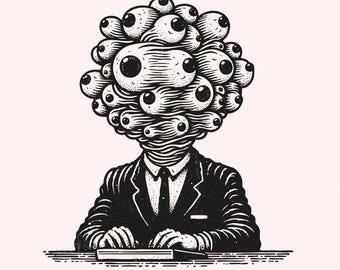 Surreal Multiple-Eyes Head Graphic - Psychedelic Abstract Illustration, Black and White Art, Trippy Eyeball Monster in Suit