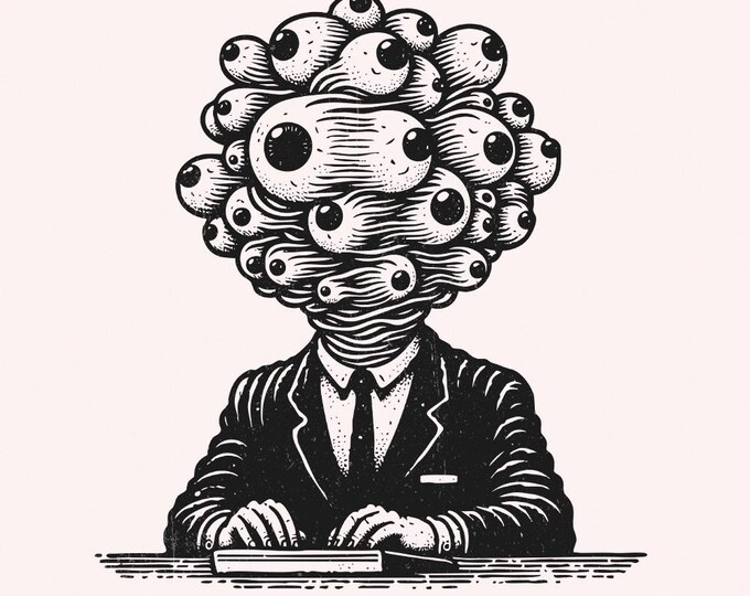 Surreal Multiple-Eyes Head Graphic - Psychedelic Abstract Illustration, Black and White Art, Trippy Eyeball Monster in Suit
