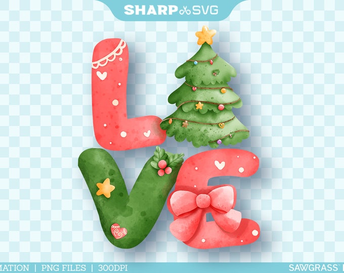 LOVE Christmas PNG - Christmas Sublimation Prints  - Christmas Transparent Sublimation Designs - Hand Drawn Watercolor - Sublimation Epson