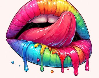 Rainbow Lips PNG, Dripping Lip clipart, Digital Download, Colorful PNG, Rainbow Lips Sublimation, kiss lips dtf design, Colors Oozing