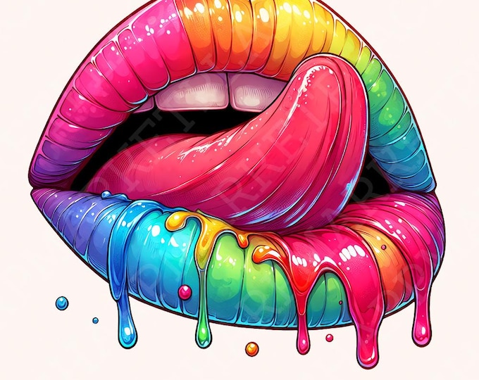 Rainbow Lips PNG, Dripping Lip clipart, Digital Download, Colorful PNG, Rainbow Lips Sublimation, kiss lips dtf design, Colors Oozing