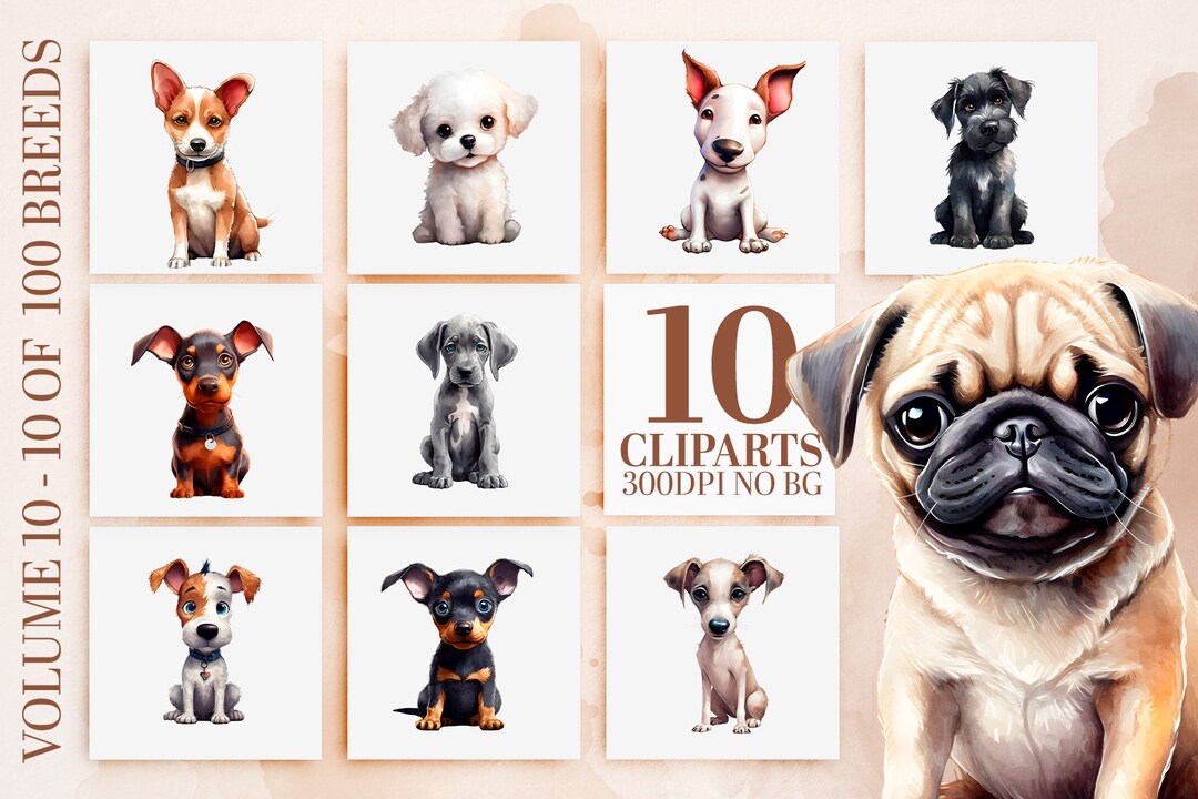 Cute Watercolor Puppy Clipart Bundle - 10 Dog Breeds, Sublimation PNG ...