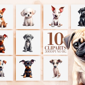 Cute Watercolor Puppy Clipart Bundle - 10 Dog Breeds, Sublimation PNG, Printable Art, Commercial Use, Terrier, Pug, Bichon Frise, Great Dane