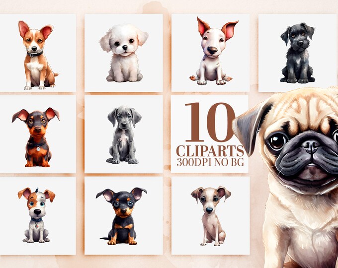 Cute Watercolor Puppy Clipart Bundle - 10 Dog Breeds, Sublimation PNG, Printable Art, Commercial Use, Terrier, Pug, Bichon Frise, Great Dane