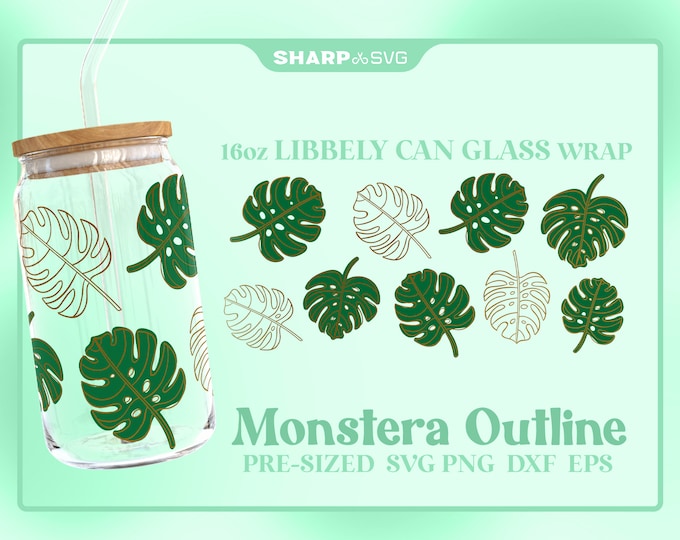 Monstera Outline SVG Can Glass Wrap SVG • 16oz Glass Beer Can Cutfile • Can Template • digital files dxf eps png • Cricut • Silhouette