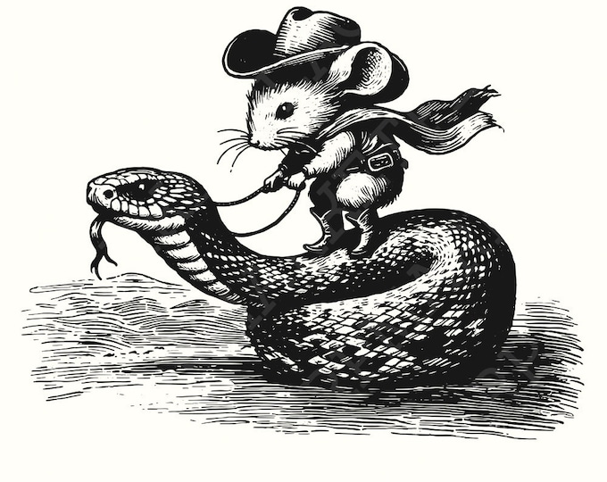 Mouse Cowboy on Snake PNG, Whimsical Western Art, Cute Animal Illustration, Funny Digital Download, Rodeo Mouse, Snake Rider, Unique