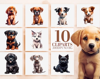 Adorable Watercolor Dog Breeds Clipart Bundle - 10 Cute Puppies PNG, Printable Art, Sublimation, Commercial Use, Charming Puppy Illustration