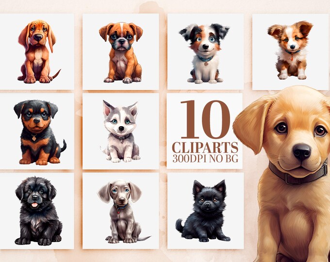 Adorable Watercolor Dog Breeds Clipart Bundle - 10 Cute Puppies PNG, Printable Art, Sublimation, Commercial Use, Charming Puppy Illustration
