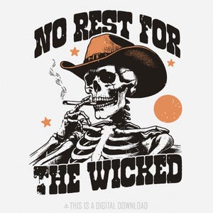 Nessun riposo per i malvagi PNG, design del teschio del cowboy occidentale PNG, stile vintage, deserto occidentale PNG, grafica per maglietta, download digitale