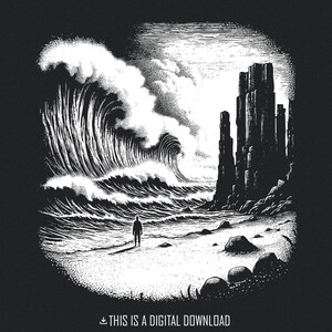 Vagues de l'océan sombre PNG, paysage marin noir et blanc dramatique, art de Moody Storm, sublimation de plage gothique, conception numérique de figure solitaire