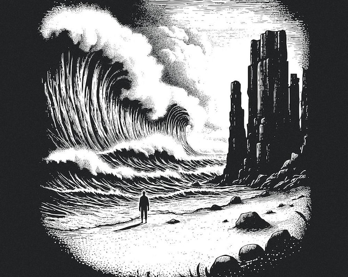 Dark Ocean Waves PNG, Dramatic Black and White Seascape, Moody Storm Art, Gothic Beach Sublimation, Solitary Figure Digital Design