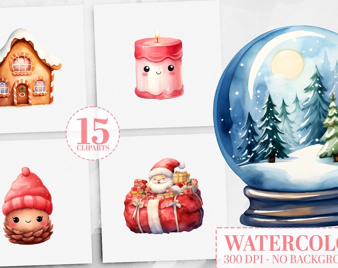 Kawaii Christmas Clipart Bundle: Watercolor Pinecone, Poinsettia, Snow Globe, Candle, Gingerbread House, Star, Mistletoe Cute Faces