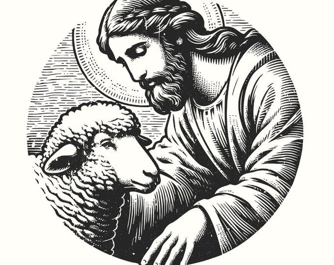 Jesus and Sheep PNG Design, Faithful Shepherd Graphic, Biblical Art for Christians, Inspiring Religious Print, Christian Sublimation
