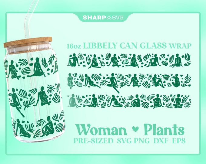 Woman and Plant SVG Can Glass Wrap SVG • 16oz Glass Beer Can Cutfile • Can Template • digital files dxf eps png • Cricut • Silhouette