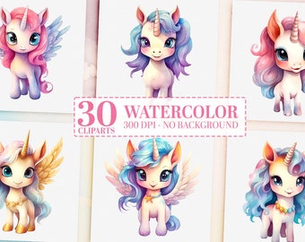 30 Baby Unicorn Watercolor Clipart PNG Bundle, Cute Rainbow Unicorns, Pastel Nursery Decor, Glitter Rainbow Party Clipart, Commercial Use