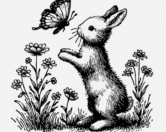 Bunny and Butterfly PNG, Spring Bunny Decorative Design, Floral Bunny Clipart, Rabbit Silhouette, Baby Animal, Butterfly png