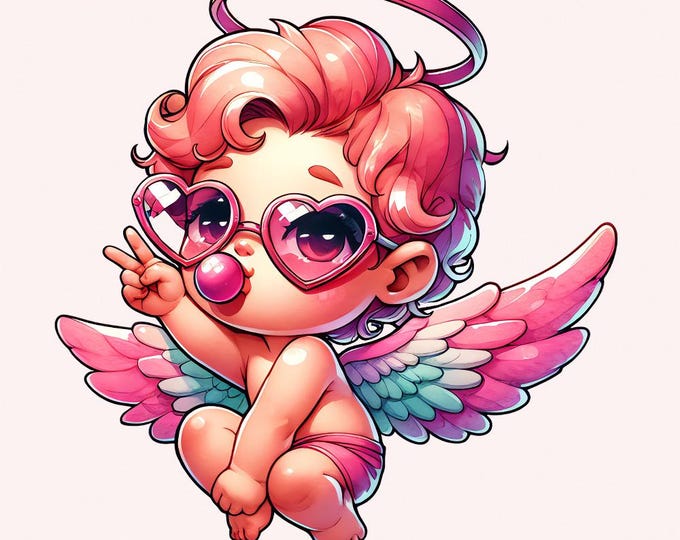 Cupid Blowing Bubble PNG, Vintage Valentines Day Sublimation Download, Funny Cupid with Sunglasses, Valentine Coquette Png Design