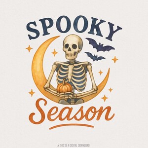 Saison effrayante PNG, squelette d'Halloween sur le croissant de lune, étoiles chauve-souris citrouille, Halloween PNG, sublimation d'automne, saison effrayante en téléchargement numérique