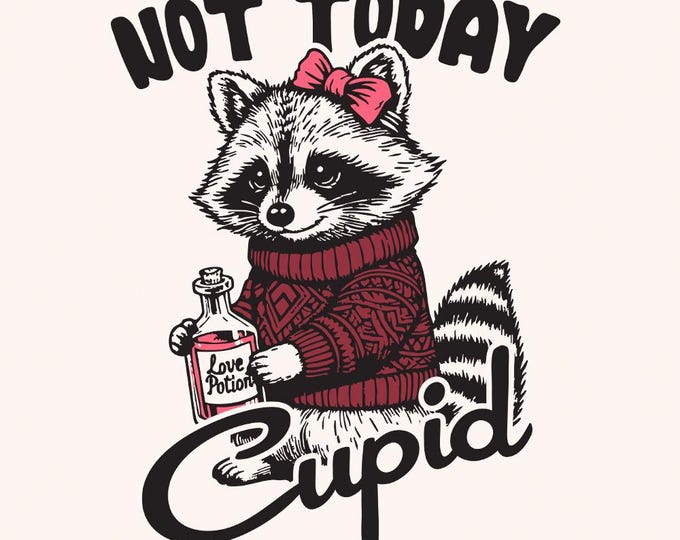 Not Today Cupid Funny Raccoon PNG, Valentine's Day Sublimation Design, Sarcastic Feral Humor, Retro Valentines, Snarky Trash Panda, Sassy