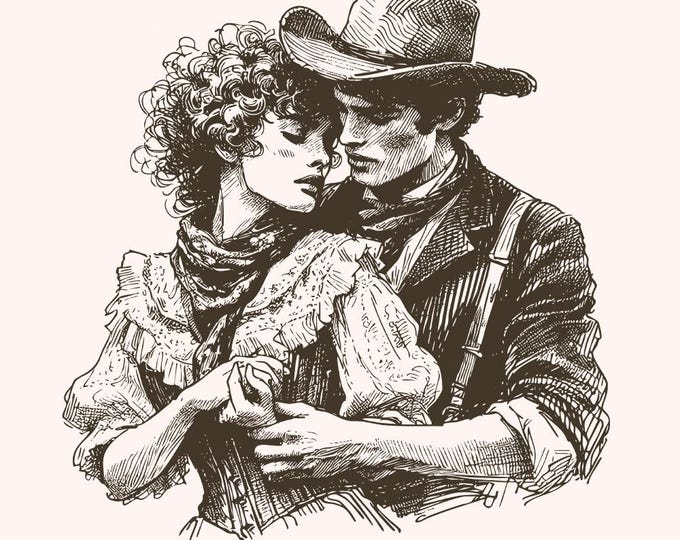 Western Love PNG, Retro Cowboy Cowgirl Kiss, Vintage Illustration, Digital Download, Trendy Western Valentine, Sublimation Design, VDay