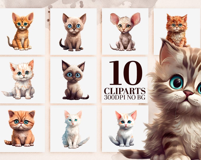 Cat Breeds Watercolor Clipart Bundle, 10 Unique Cats, Printable Art, Sublimation PNG, Commercial Use, Instant Download, Printable Art VOL 4