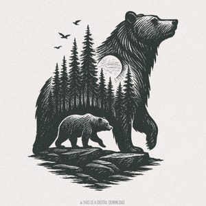 Download digitale di PNG di Bear Forest, PNG di fauna selvatica selvaggia, arte di orso della foresta per maglietta, file PNG di animali della natura da scaricare immediatamente, campeggio