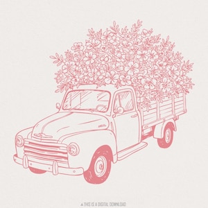 Camion de ferme vintage Floral rose PNG, Illustration de ramassage de fleurs Cottagecore, Clipart printemps pays, camion rétro fleurs Art graphique