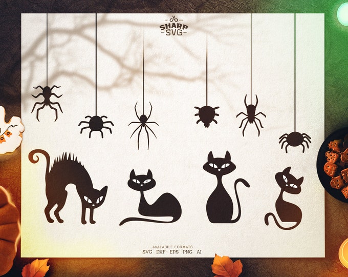 Halloween Decorations Bundle SVG - Cats and Spiders SVG - Cricut cut files - Silhouette dxf files - Fall svg - Halloween cut files