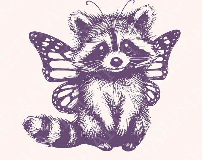 Cute Hybrid Raccoon with Butterfly Wings PNG, Vintage Animal png, Funny Raccoon Sublimation, Hand Drawn Style, Instant Download Design