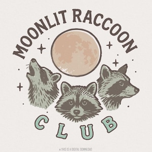 Raton laveur club au clair de lune PNG, chemise raton laveur rétro PNG, nuit lune animal Art, Nature dessinée à la main, club de la faune mignon, téléchargement impression numérique