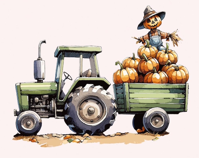 Fall Tractor PNG, Sublimation Designs, Fall png, Watercolor Tractor, Pumpkin Tractor PNG, Toddler Boy PNG, Farm Animals, Thanksgiving