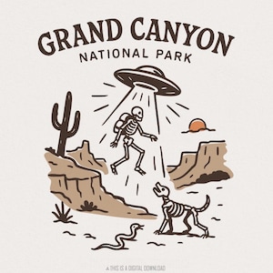 T-Shirt PNG squelette ovni du Parc National du Grand Canyon, enlèvement extraterrestre désert art rétro PNG, chemise drôle téléchargement numérique Parc National