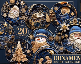 20 Digital 3D Paper Christmas Ornament Cliparts - DIY Xmas Tree Decor, Santa and Snowman PNG Bundle, Ornament Collection, Instant Download