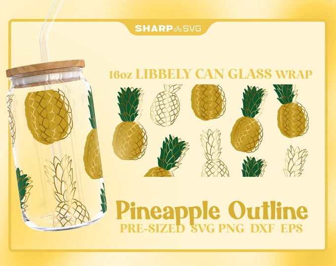 Pineapples Outline SVG Can Glass Wrap SVG • 16oz Glass Beer Can Cutfile • Can Template • digital files dxf eps png • Cricut • Silhouette