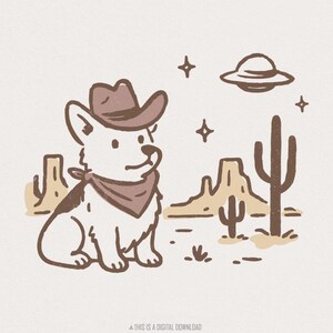 Cowboy Corgi retrò nel deserto, cane carino con bandana, scena western UFO in formato PNG, animale stravagante in formato PNG, download digitale, maglietta con cane spaziale