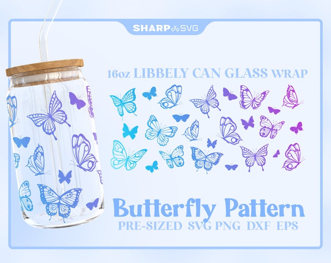 Butterfly Pattern Can Glass Wrap SVG • 16oz Glass Beer Can Cutfile • Can Template • digital files dxf eps png • Cricut • Silhouette