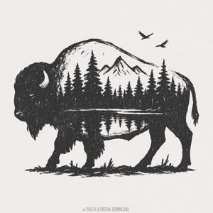 Bison Double exposition PNG, nature montagne forêt faune rustique, buffle Clipart, aventure PNG, art numérique animal sauvage, téléchargement numérique