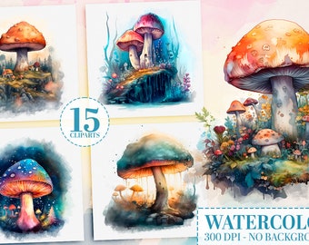 Watercolor Magic Mushrooms Clipart Bundle, 15 Mystical Mushroom PNGs, Occult Woodland, Cosmic Psychedelic, Cute Sublimation, Commercial Use