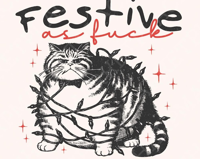 Festive as Fuck Christmas Cat PNG, Vintage Christmas Cat with Lights, Retro Cat Christmas Digital Download, Whimsical Holiday Art