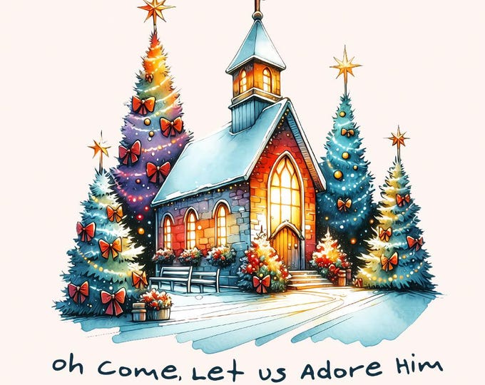 Oh Come Let Us Adore Him Png, Jesus Christmas PNG, Hand Drawn Christmas Tree Png, Coquette Christmas, Christian Sublimation Download