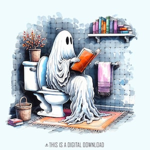 Grappige spooklezing op toilet T-shirtontwerp, leuke digitale download Halloween, eigenzinnige badkamerhumorkunst, spookachtig en schattig