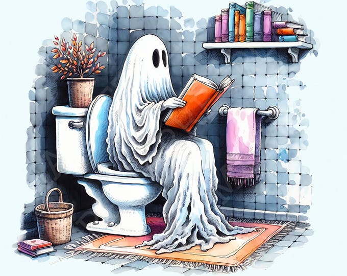 Funny Ghost Reading on Toilet T-Shirt Design, Cute Halloween Digital Download, Quirky Bathroom Humor Art, Spooky and Adorable