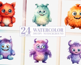 24 Monsters Clipart Bundle - Funny, Kawaii Halloween Watercolour PNG, Cute Monster Digital Images for Birthday, Party, Scrapbooking, Crafts