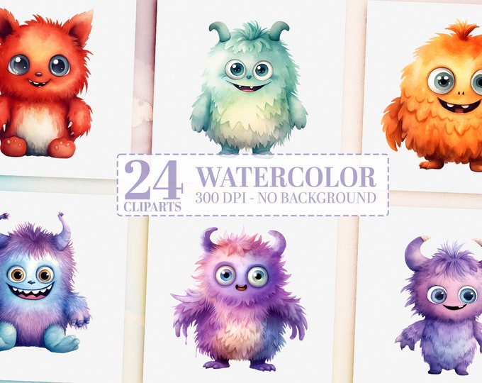 24 Monsters Clipart Bundle - Funny, Kawaii Halloween Watercolour PNG, Cute Monster Digital Images for Birthday, Party, Scrapbooking, Crafts