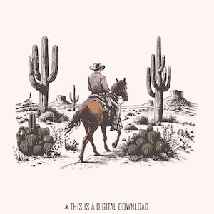 Western Cowboys PNG, Sublimation Western, dessin au trait cactus du désert, cowboy rétro vintage, cowgirl bohème country, téléchargement numérique