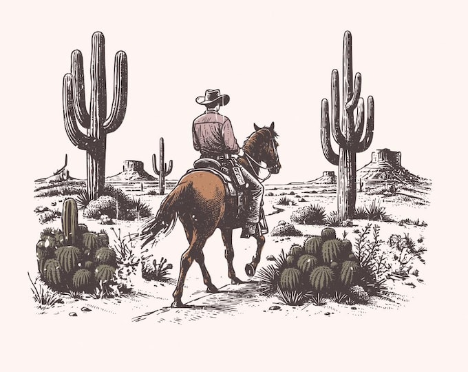 Western Cowboys PNG, Western Sublimation Design, Desert Cactus Line Art, Vintage Retro Cowboy, Country Boho Cowgirl, Digital Download
